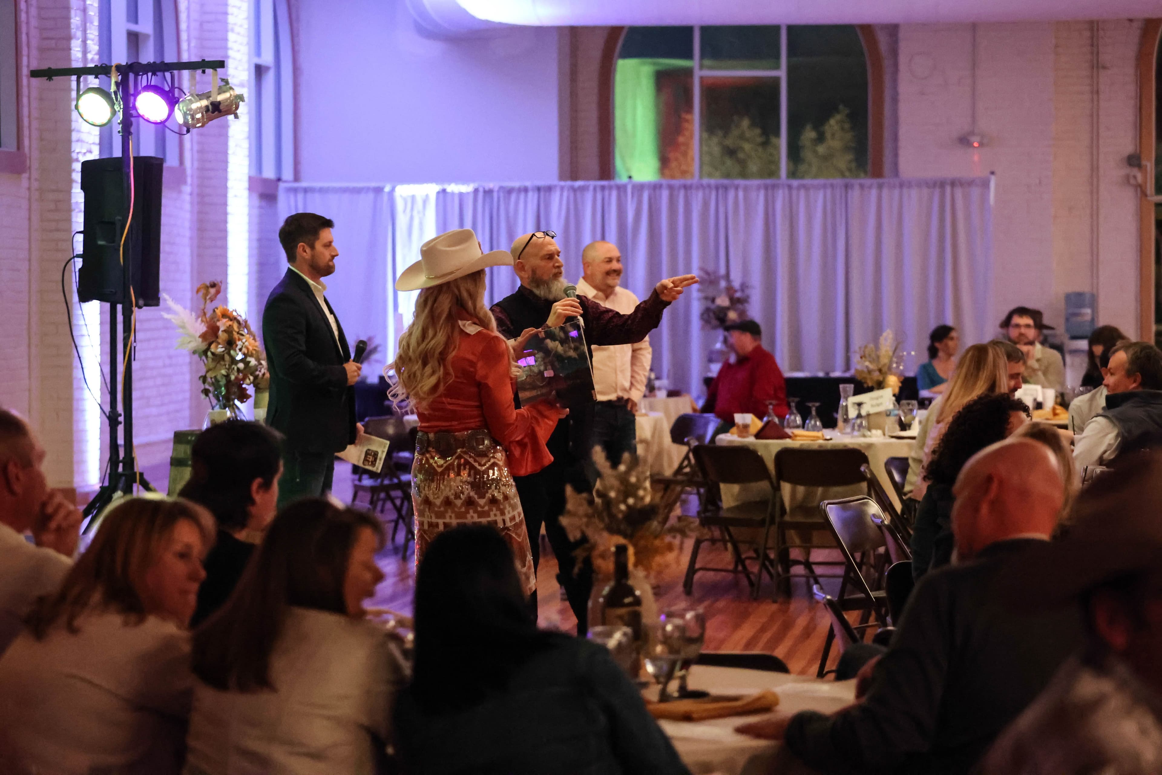 Illustration of an evening gala with cowboy boot, string lights, and silhouetted barn