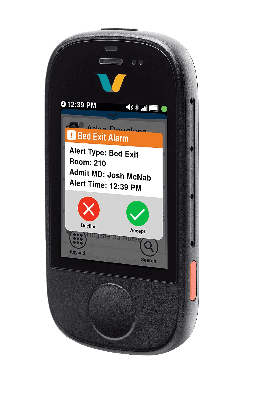 Real-time patient event notifications — like a bed-exit alarm — arrive straight on the badge.